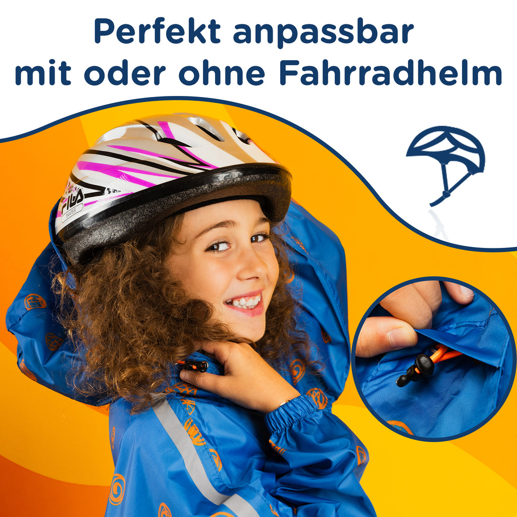 Verstellbare Kapuze des blauen Kinder Regenponchos