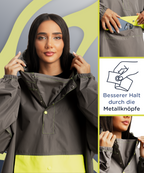Verstellbare Kapuze des grauen Regenponchos für Damen