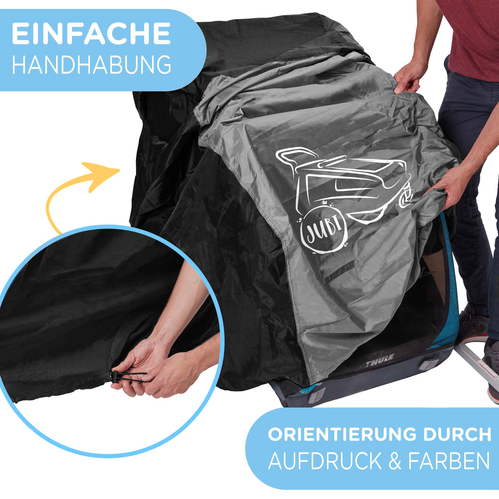 Fahrradanhänger mit Abdeckung im Garten geschützt