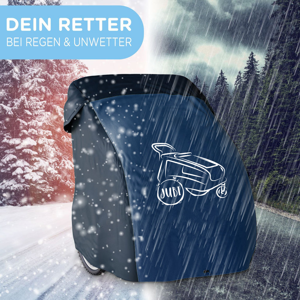 Fahrradanhänger mit Abdeckung im Garten geschützt