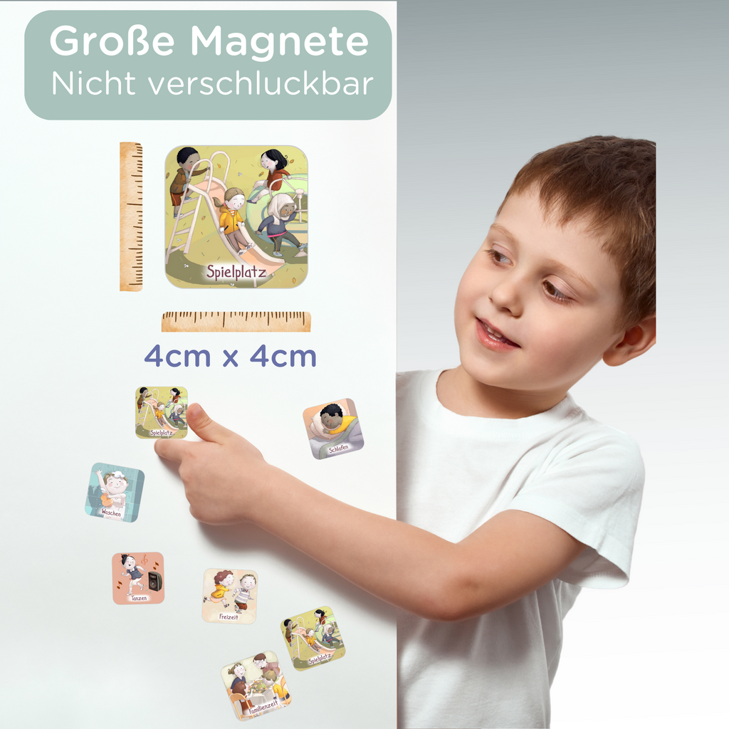 Kind nutzt magnetischen Wochenplaner von Jubi